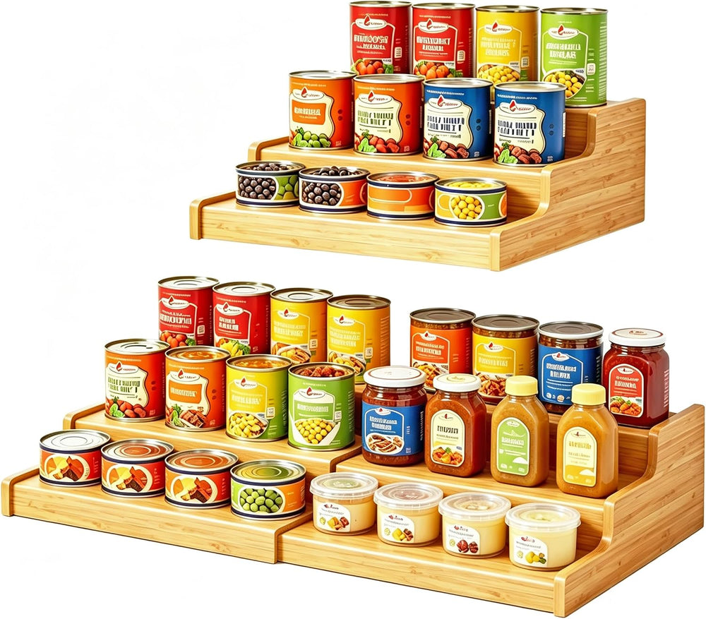 Expandable Bamboo Can Display Organizer for Pantry, 3-Tier Can Storage