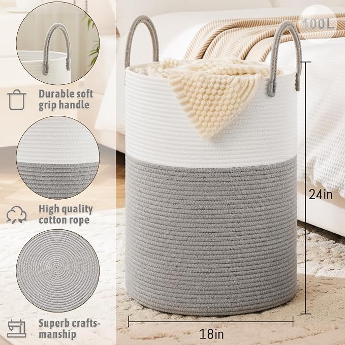 Laundry Basket, Woven Cotton Rope Laundry Hamper, 100L