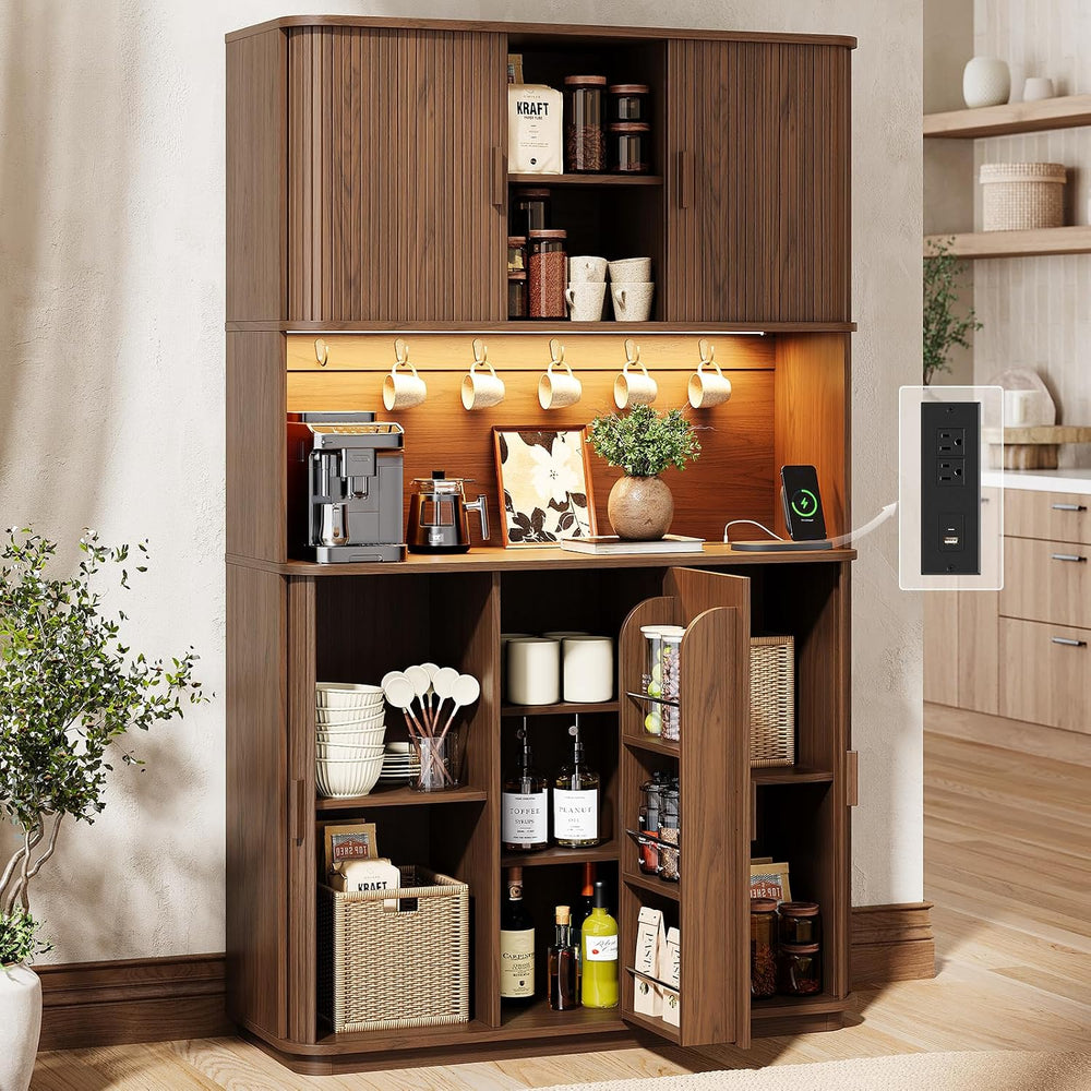 71" Fluted Kitchen Pantry Cabinet Sliding Door, LED Light/Outlet