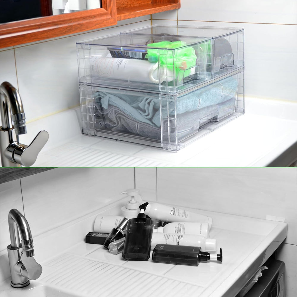 Wide Large Stackable Storage Drawers(2 Pack),Multi-purpose Clear Plastic Orga...