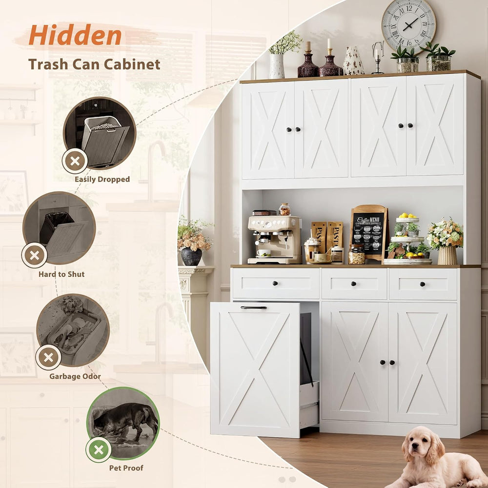 HOSTACK 72" Kitchen Pantry with 13 Gallon Pull Out Trash Can Cabinet, White