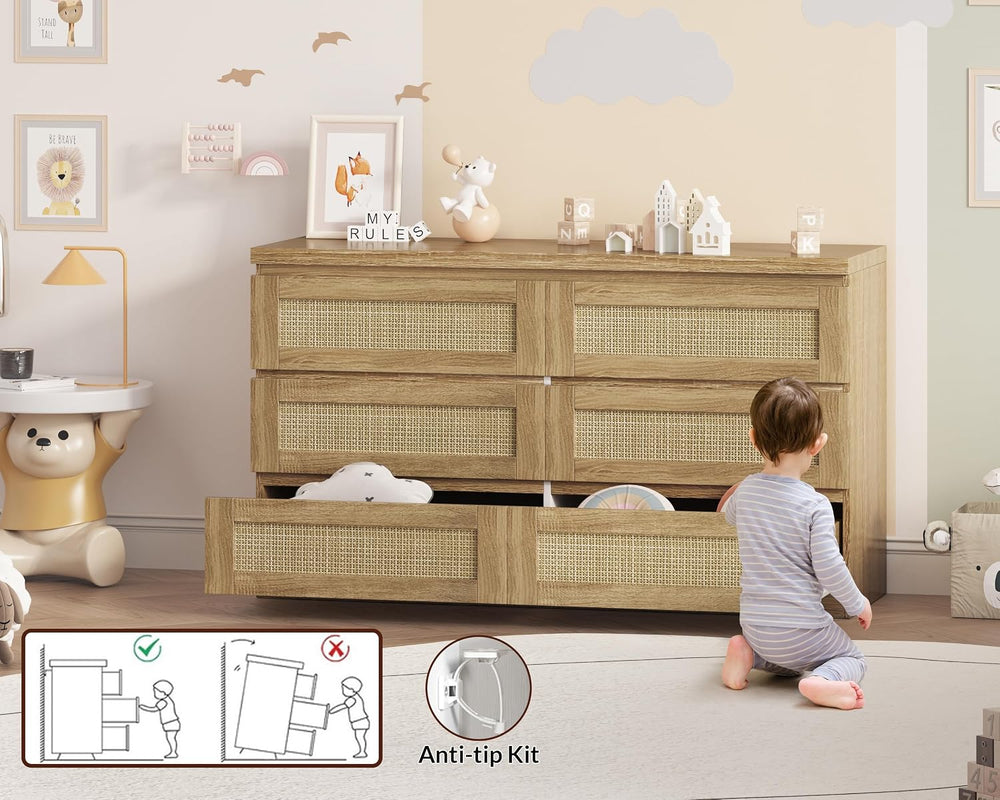 Garvee Rattan 6-Drawer Dresser for Bedroom - Slim Wooden Chest of Drawers, Du...