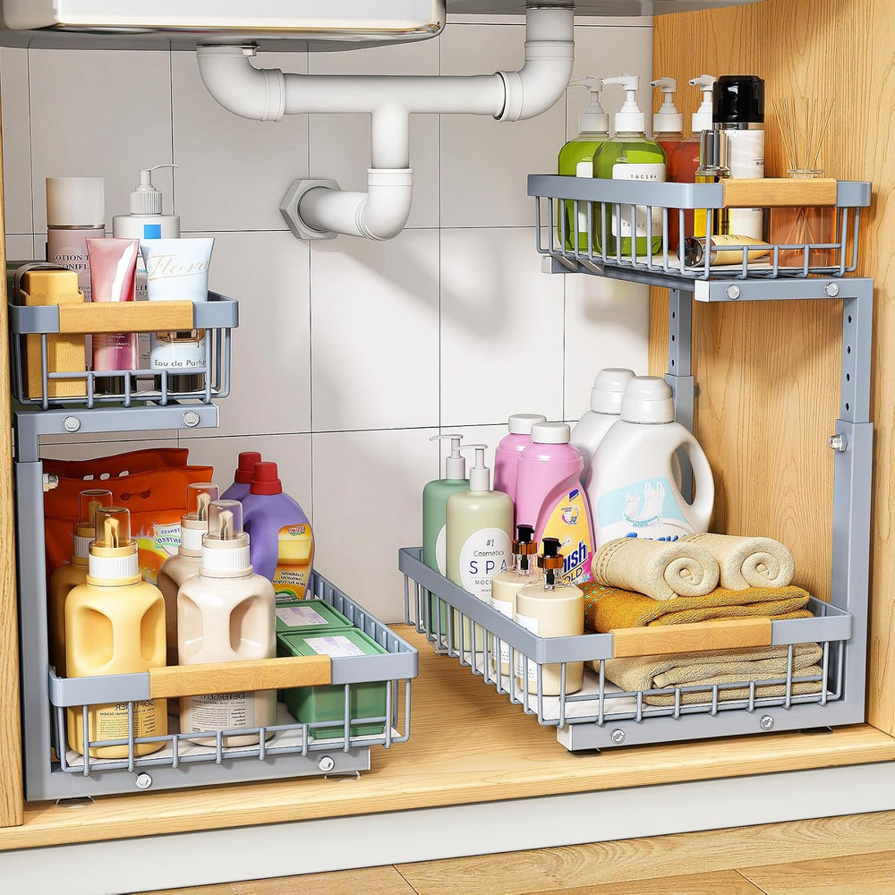 PXRACK Under Sink Organizer, Adjustable Height, 2 Tier Pull Out Under Cabinet...