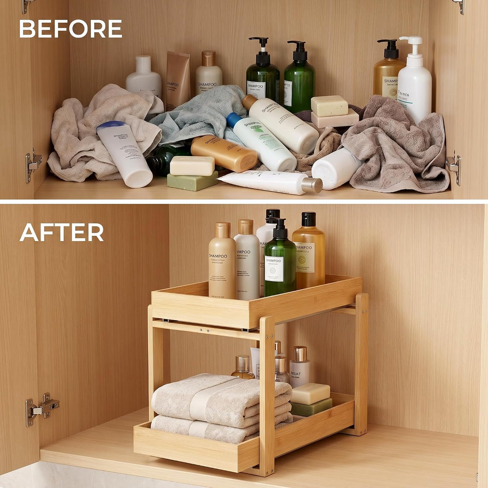Bamboo Under Sink Organizer Adjustable Height 2 Tier Bathroom Organizer