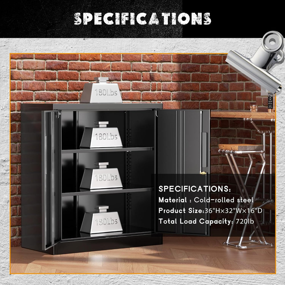 Metal Garage Storage Cabinet,36" Black Lockable Metal Cabinets with 2 Do...