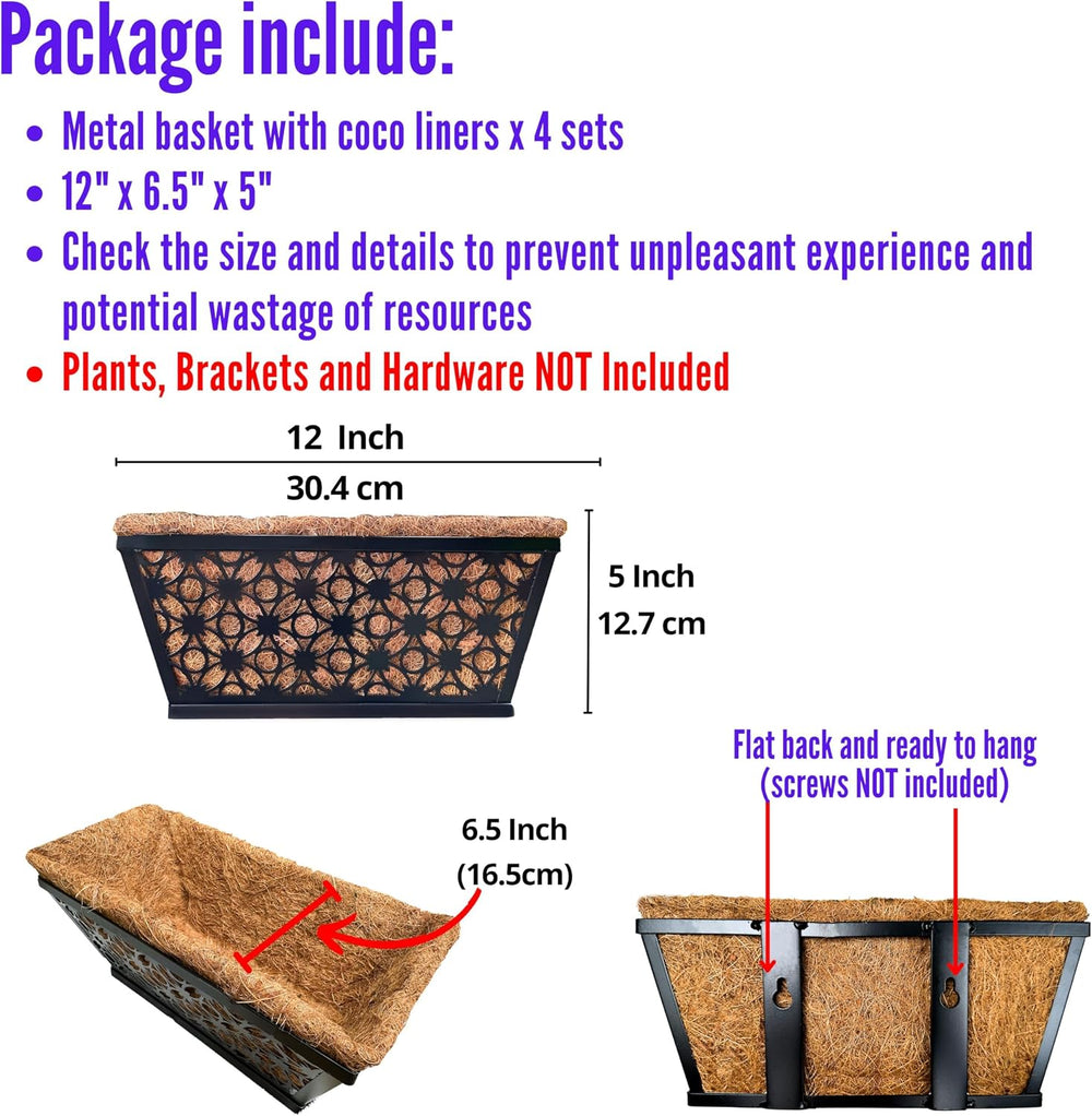 LaLaGreen Black Wall Planter (12 in, 4 Pack) Trough Window Flower Box