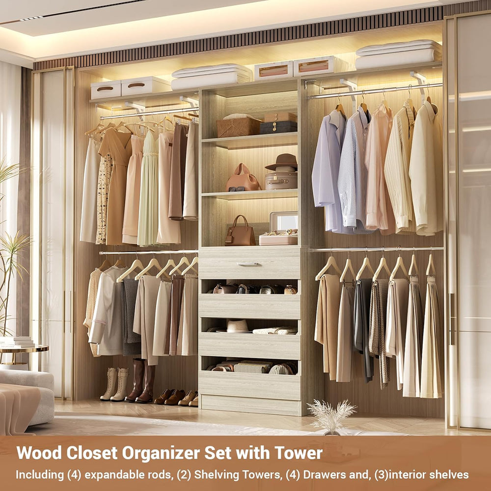 Aheaplus Closet System with 4 Drawers, 8FT Wood Closet Organizer System