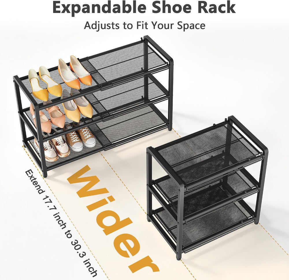 Gewudraw Expandable Metal Shoe Rack for Closet, 3-Tier Shoe Organizer,Black