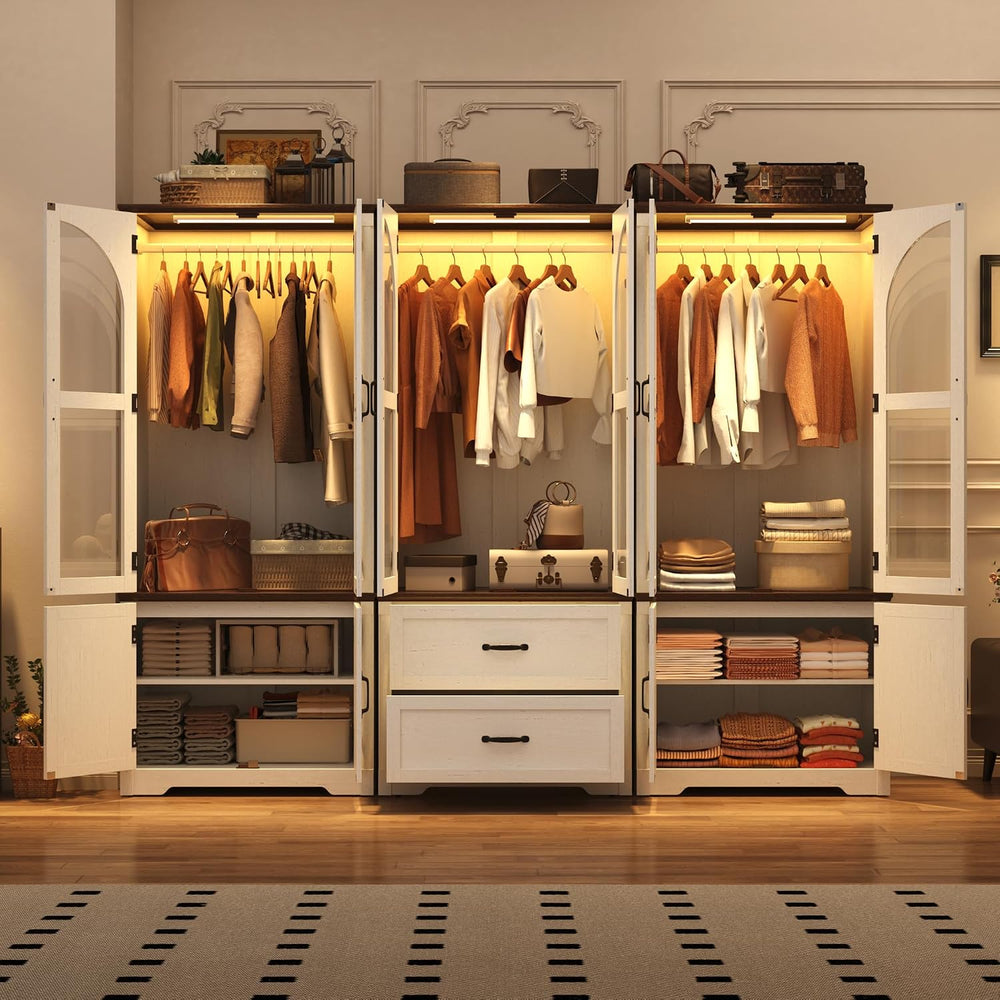 Tall Farmhouse 6 Doors Armoire Wardrobe Closet with LED ,72" Freestandin...
