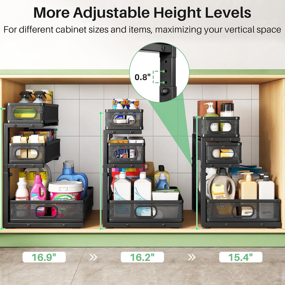 Kitstorack Under Sink Organizer, 2-Pack 3-Tier Height Adjustable Thickened Me...