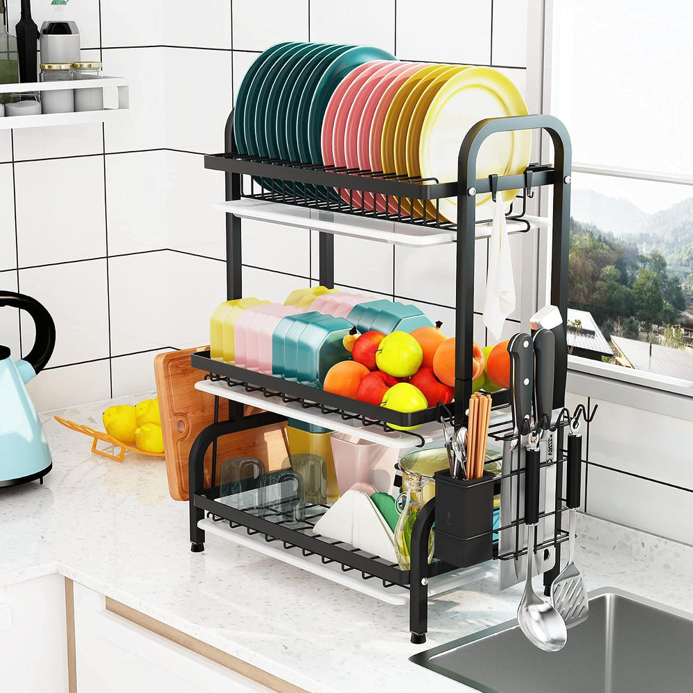 1Easylife Drying Rack, Metal 3-Tier Large Capacity Dish Rack with Utensil Hol...
