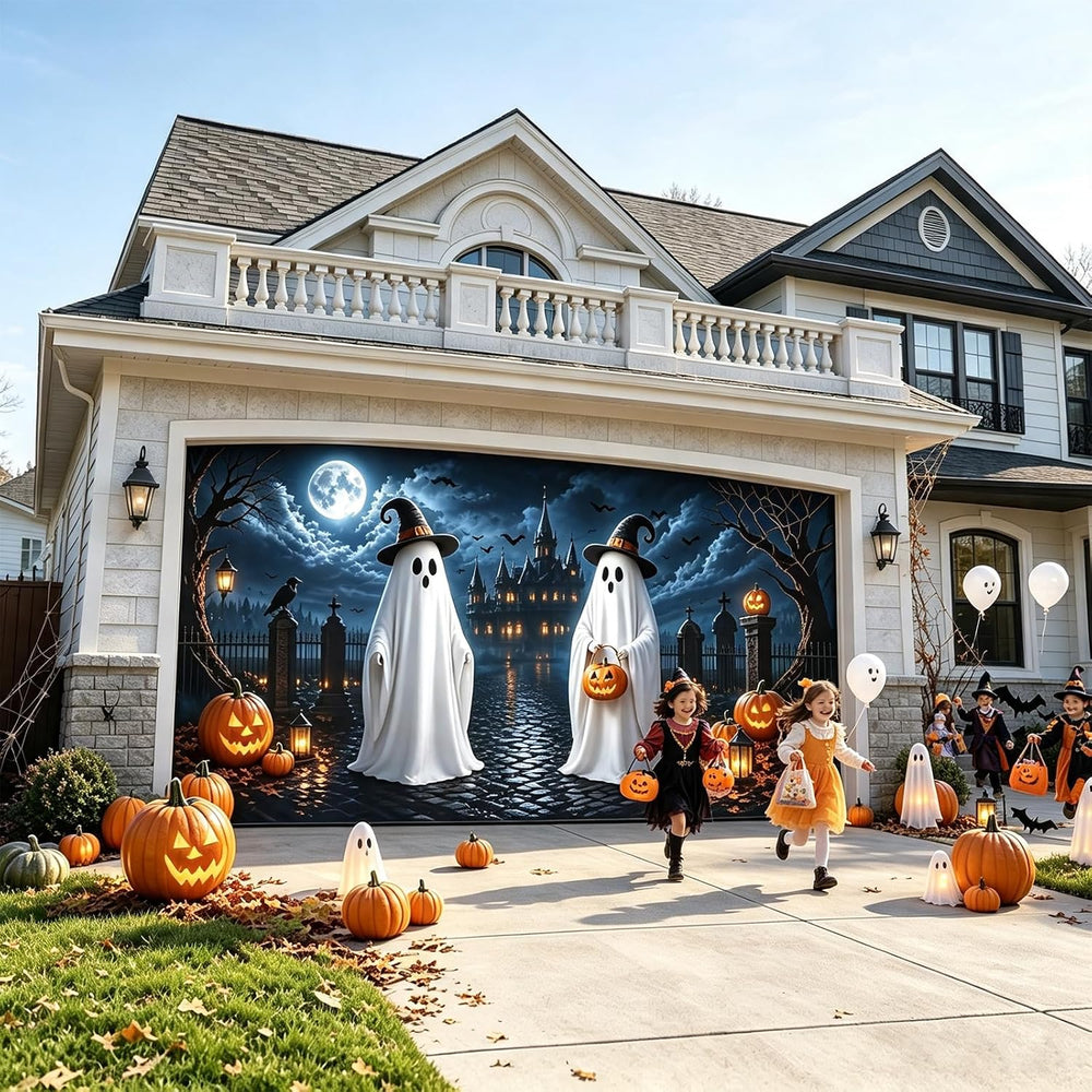 Halloween Garage Door Cover 16x7 FT, Ghost Halloween Garage Door Decoration
