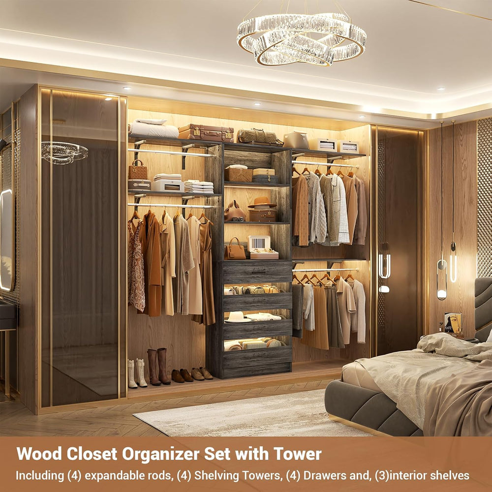 Aheaplus Closet System with 4 Drawers, 8FT Wood Closet Organizer System