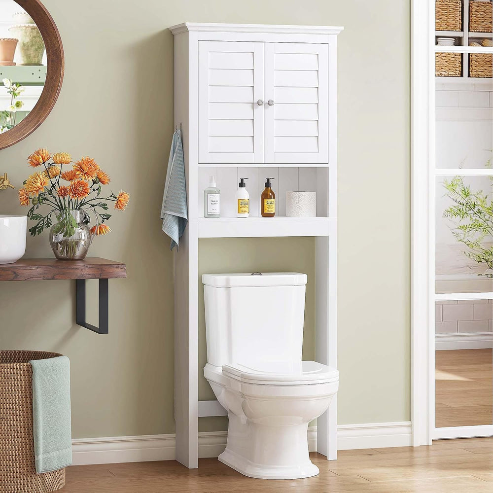 Spirich Over The Toilet Storage Cabinet with Louvered Doors & Hooks, White