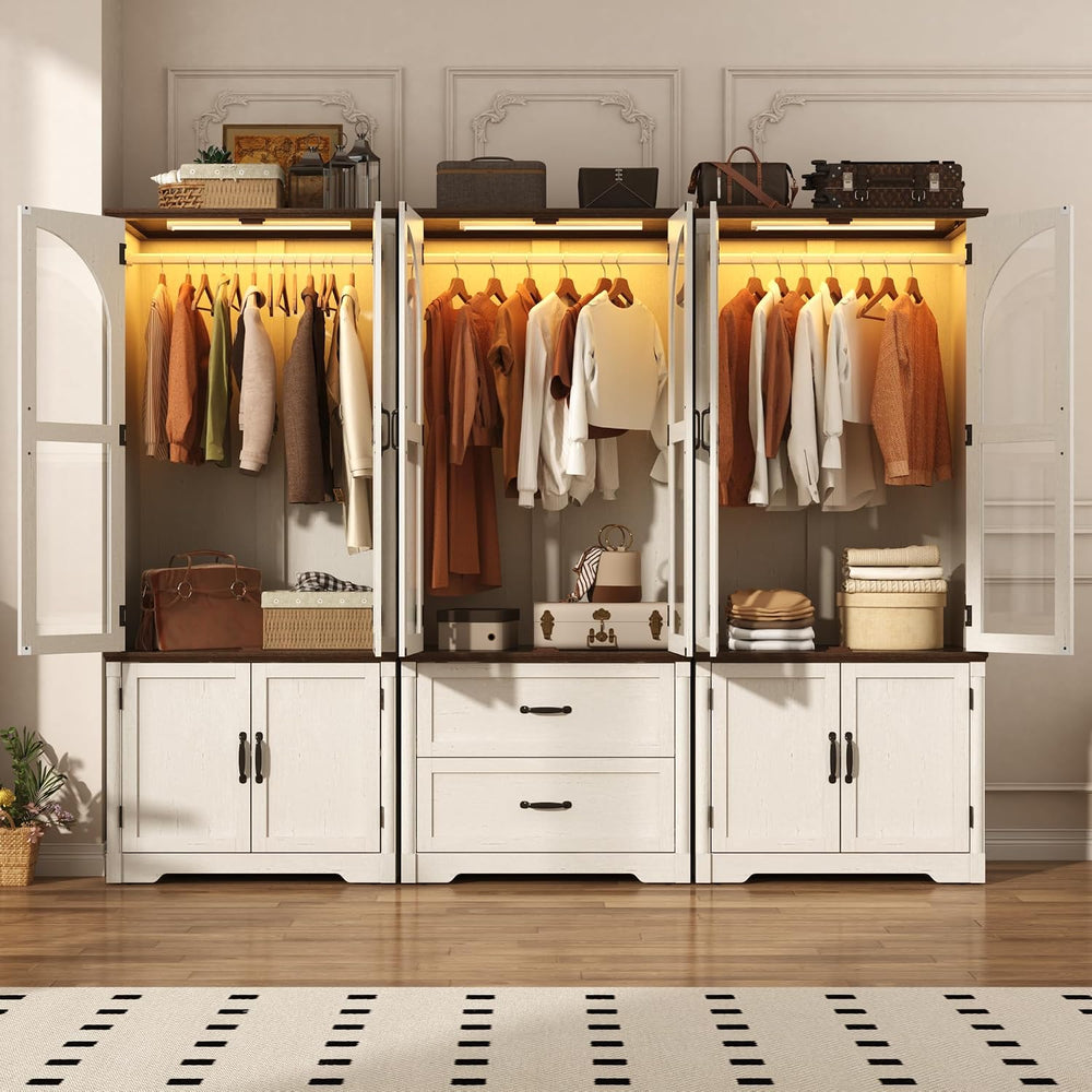 Tall Farmhouse 6 Doors Armoire Wardrobe Closet with LED ,72" Freestandin...
