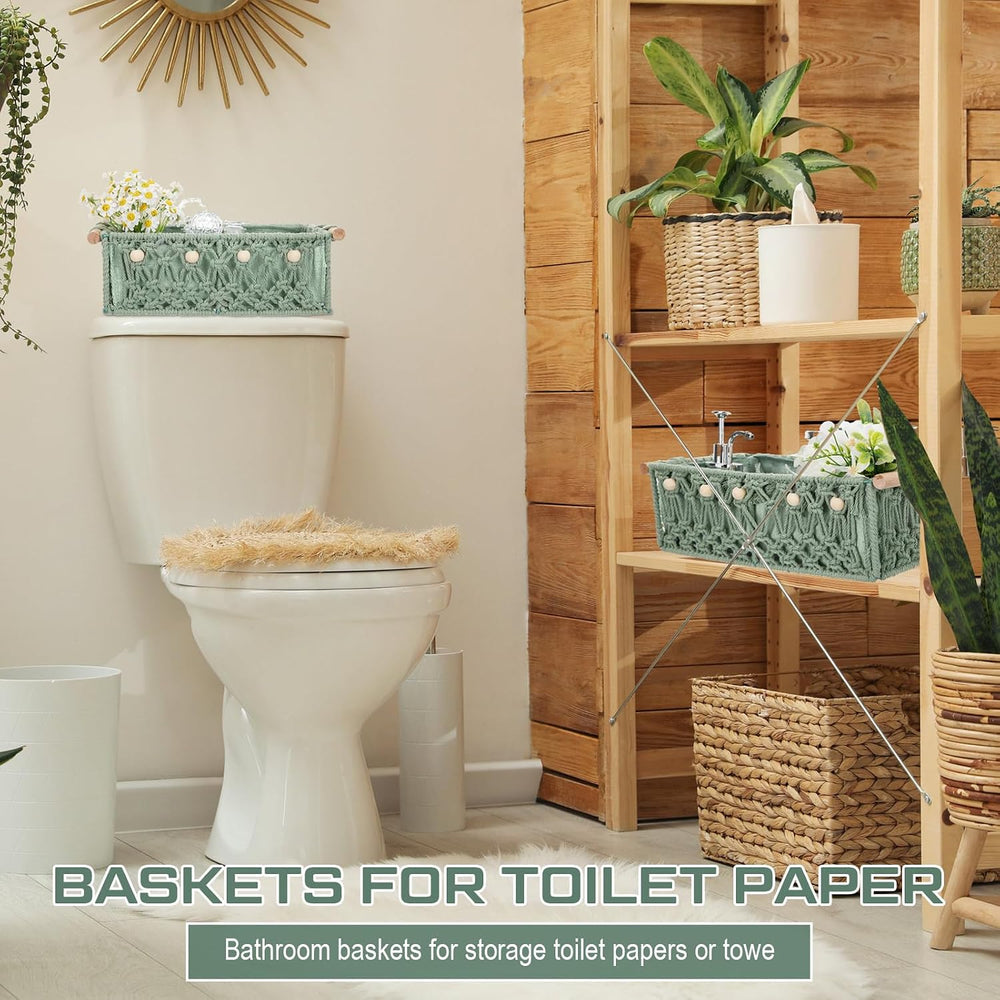 Vesici 4 Pcs Sage Green Macrame Storage Baskets Shelves 13" 11" Woo...
