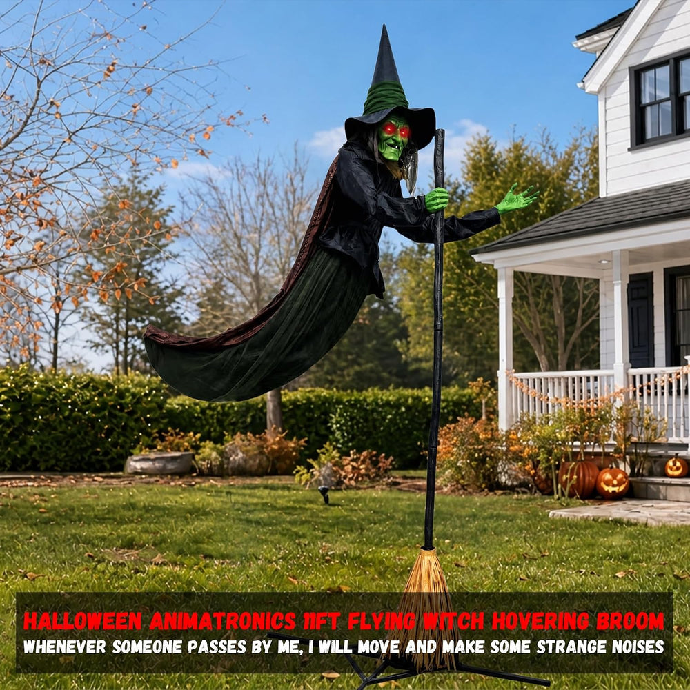 Halloween Animatronics Flying Witch Decorations Outdoor, 11ft Animated Floati...