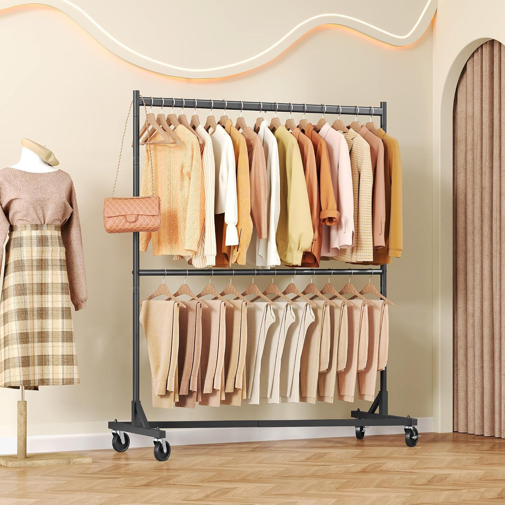 Hoctieon Double Rod Z Rack, Rolling Clothes Racks with Z-Base, Adjustable Clo...