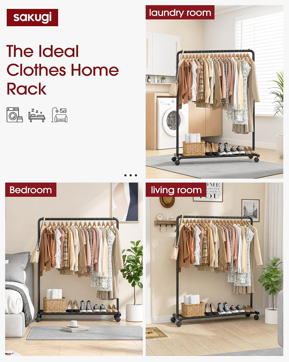 Sakugi Clothes Rack - Clothing Rack with Storage Mesh Shelf & Casters, He...