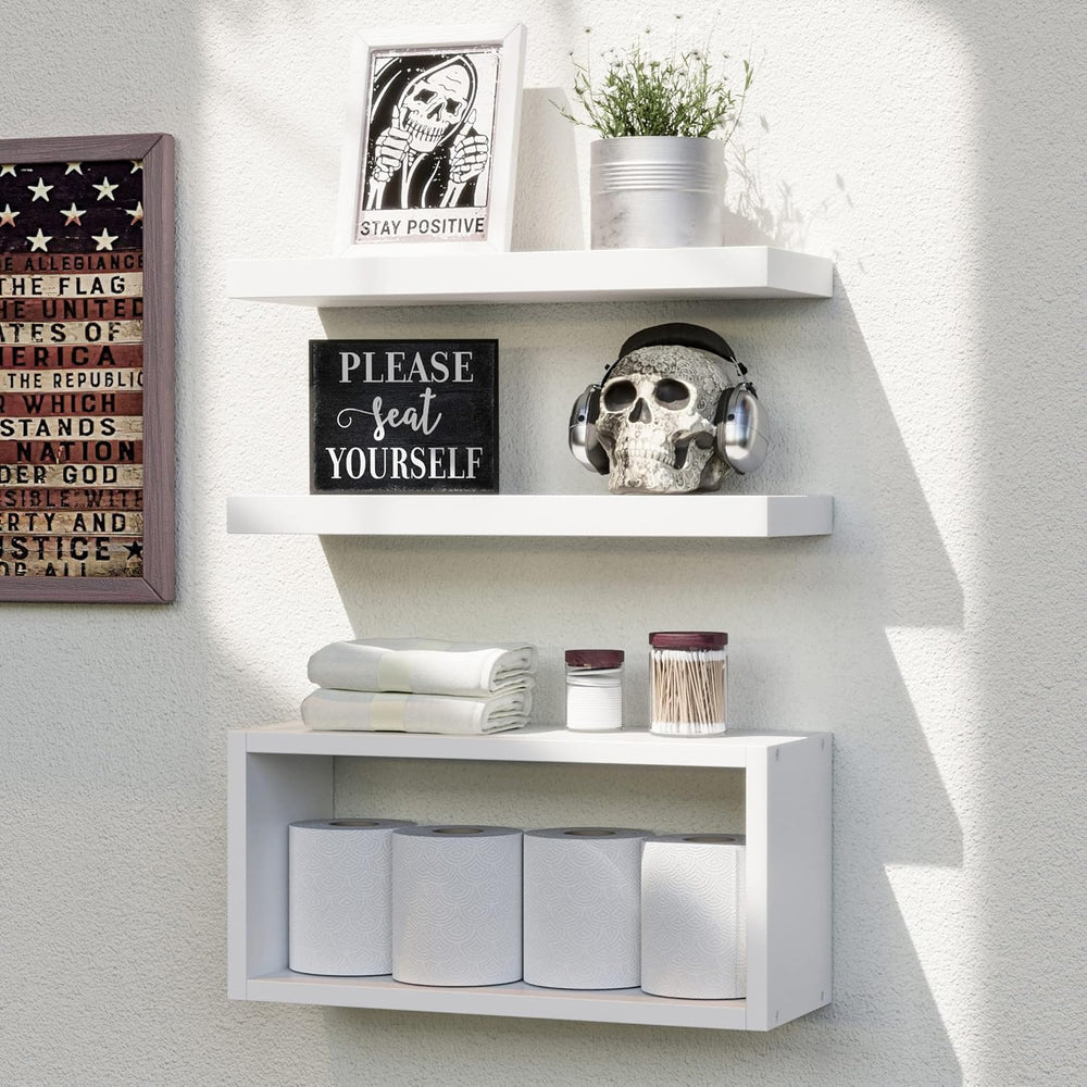 RICHER HOUSE 3-Set White Floating Wall Shelves, Bathroom Shelf Over Toilet