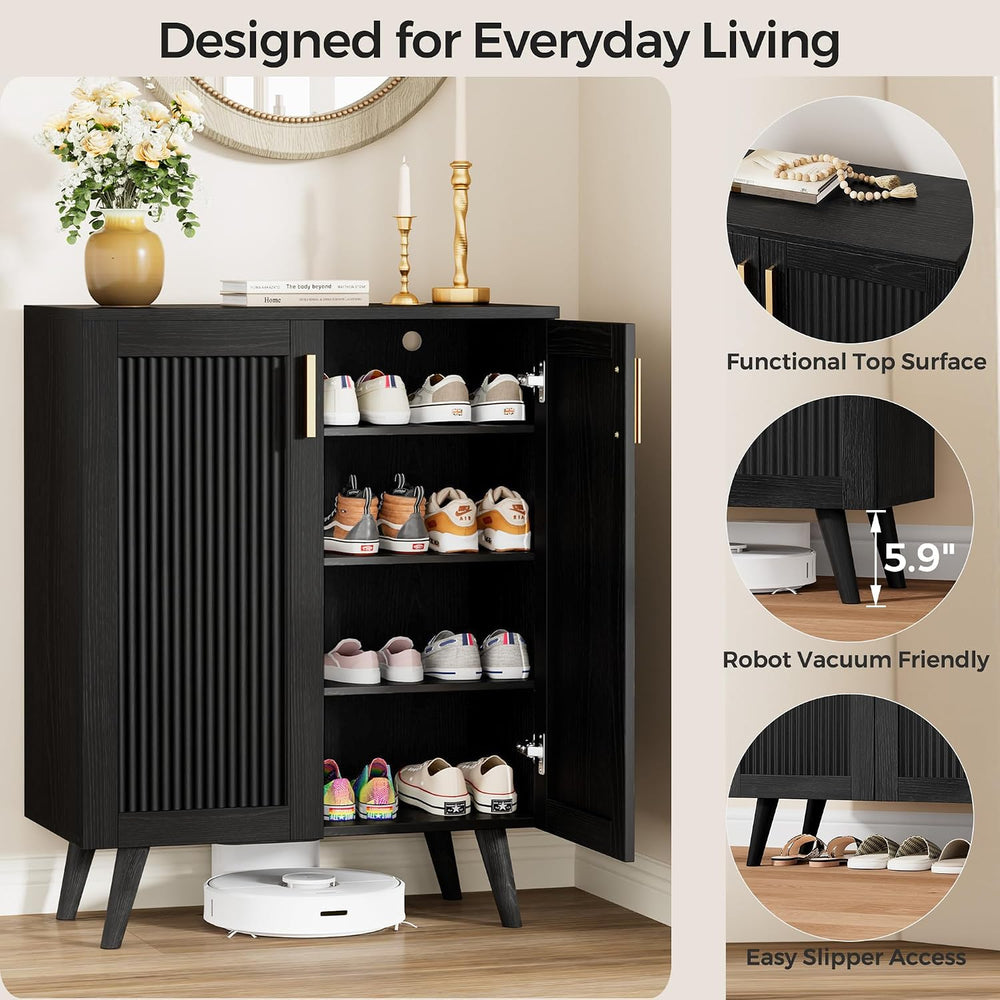 Fluted Shoe Cabinet with Doors, 4-Tier Entryway Shoe Storage