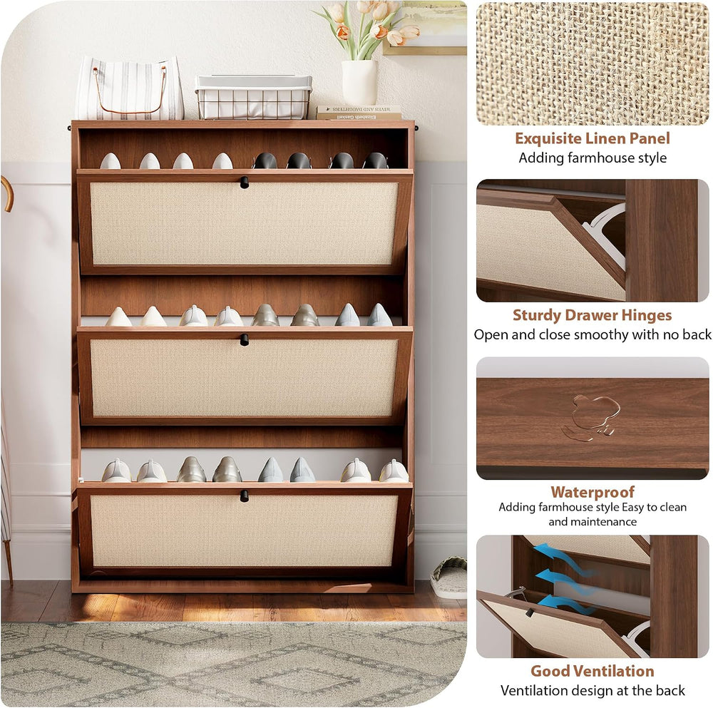 AVZEAR Narrow Shoe Storage Cabinet for Entryway with Natural Linen Panel, Fre...