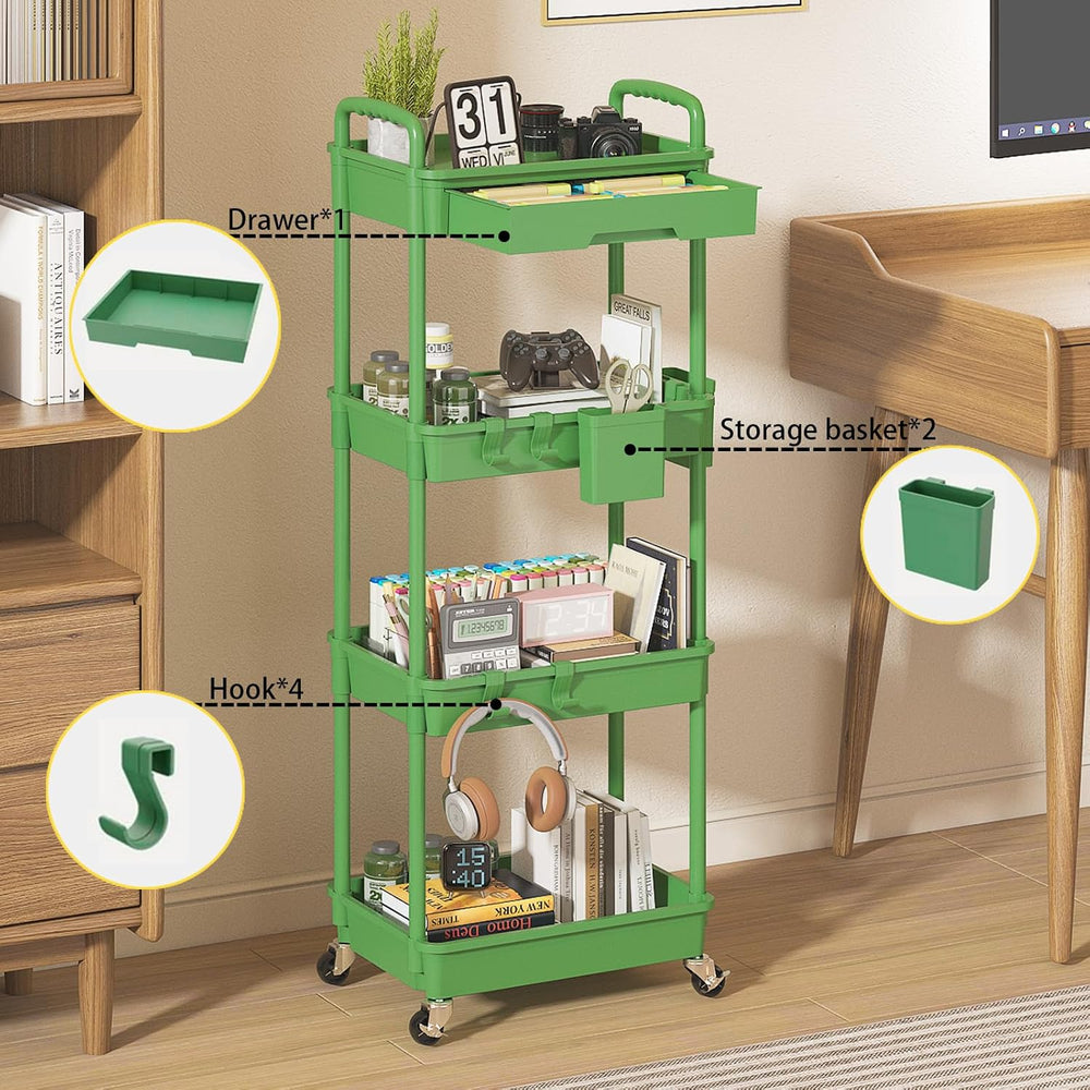 4 Tier Rolling Utility Cart with Drawer, Plastic Storage Organizer Rolling Ca...