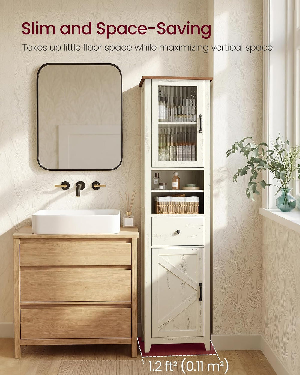 VASAGLE Tall Bathroom Cabinet, Narrow Space Saver, 15.7 x 12.4 x 67.3 inch