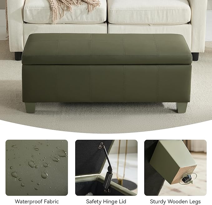 41" Faux Leather Storage Ottoman, Stitch Tufted Rectangle Upholstered En...