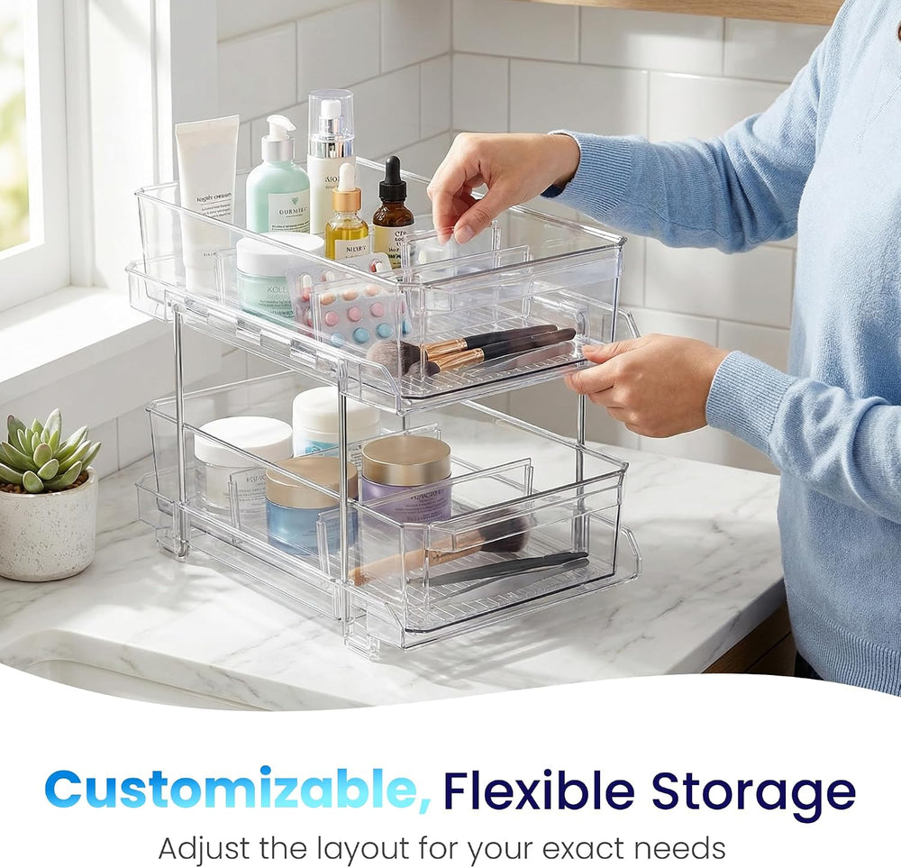 Masirs 2-Tier Clear Pull-Out Drawer Organizer - Sleek, Compact & Sturdy M...