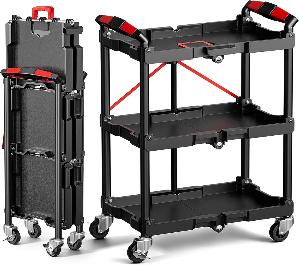 Rolling Cart, 3-Tier Utility Cart, 25 x 16 in Foldable Tool Cart, 300 lb