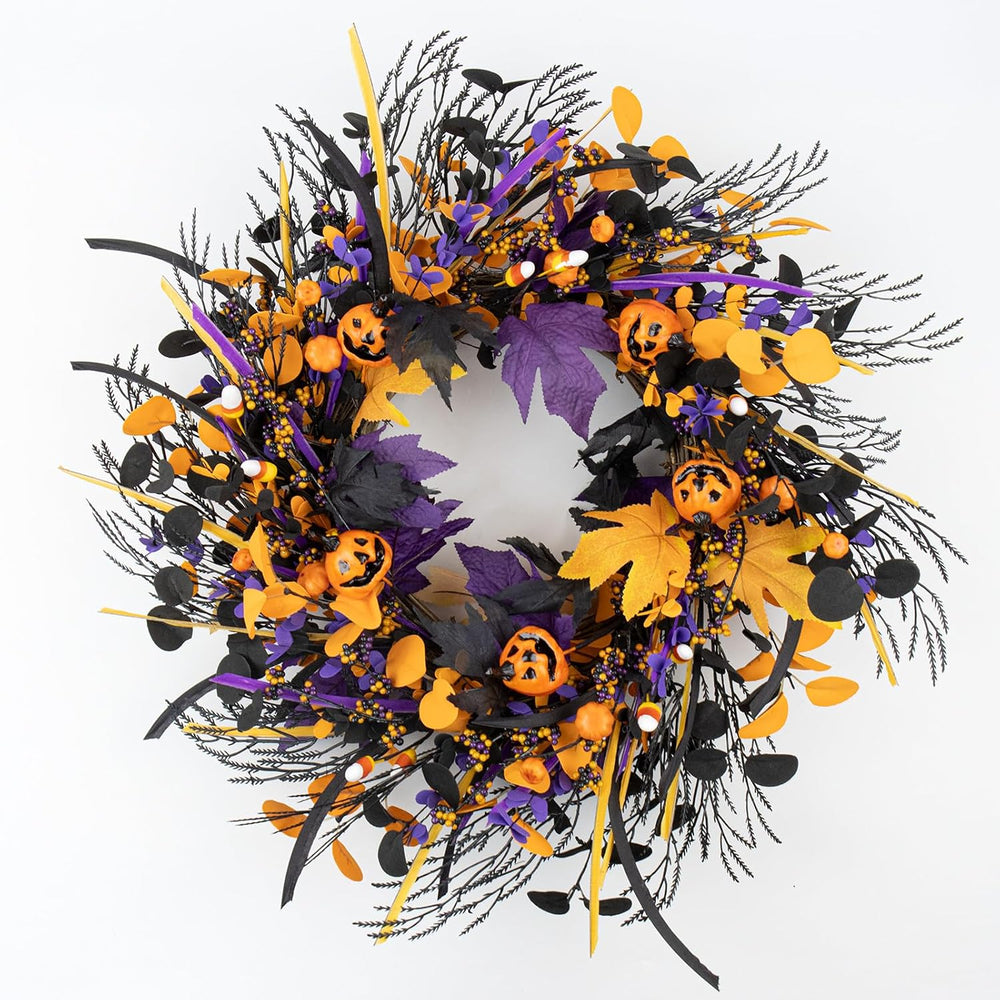 22" Halloween Wreath with 5 Jack-O'-Lantern Black Maple Leaves