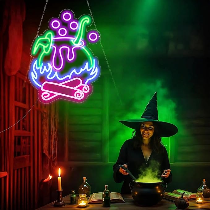 "Witch Brew" Cauldron Neon Sign - Spooky LED Cauldron Wall Art, Spo...
