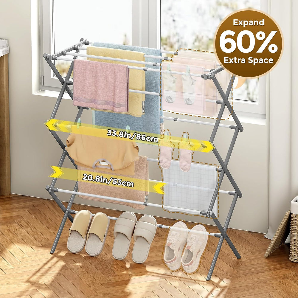 Clothes Drying Rack, 3-Tier Foldable Extendable, White & Grey