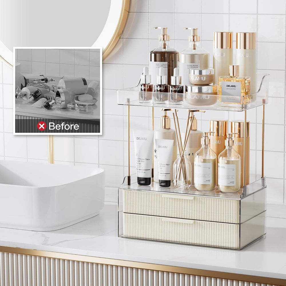 Delamu 4-Tier Makeup Organizer, Bathroom Counter, 2 Drawers,Cream White
