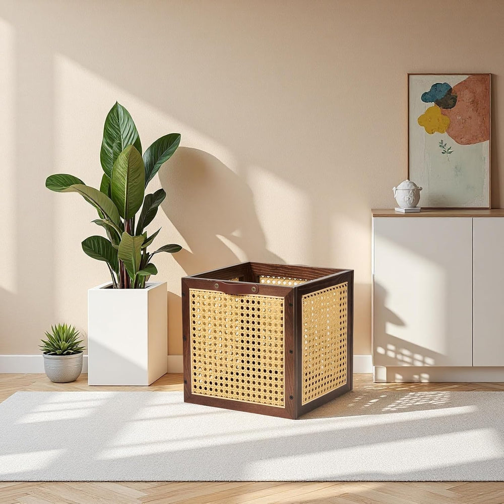 2PCS Rattan Storage Cubes Decorative Handmade Wooden Basket Box