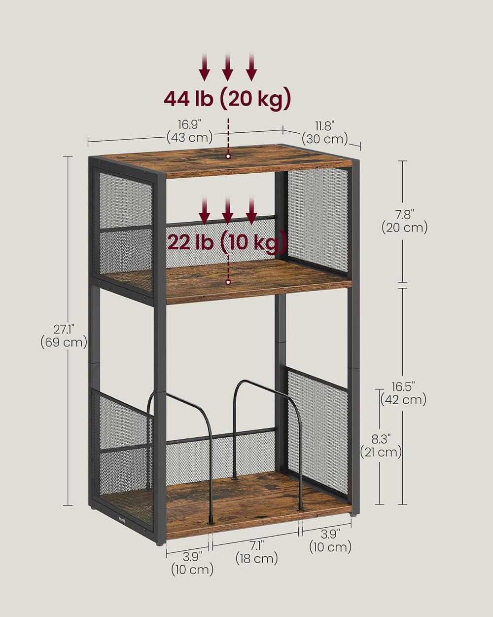 VASAGLE 3-Tier Record Player Stand, Vinyl Record Storage up to 100 Albums