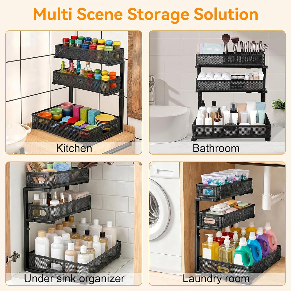 3 Tier Adjustable Under Sink Organizer for Bathroom & Kitchen(2Pack, Black)