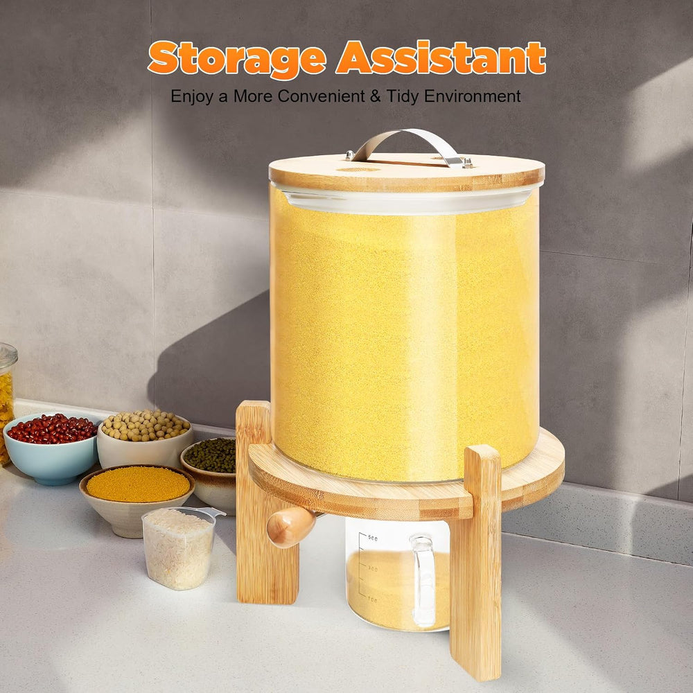 Glass Rice Dispenser, 5L Countertop Flour Cereal Container w/ Bamboo Stand
