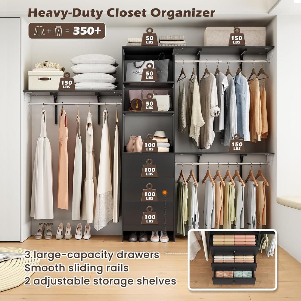 Closet Organizer - High Capacity Wardrobe Rack with 3 Drawers, Shelves & ...