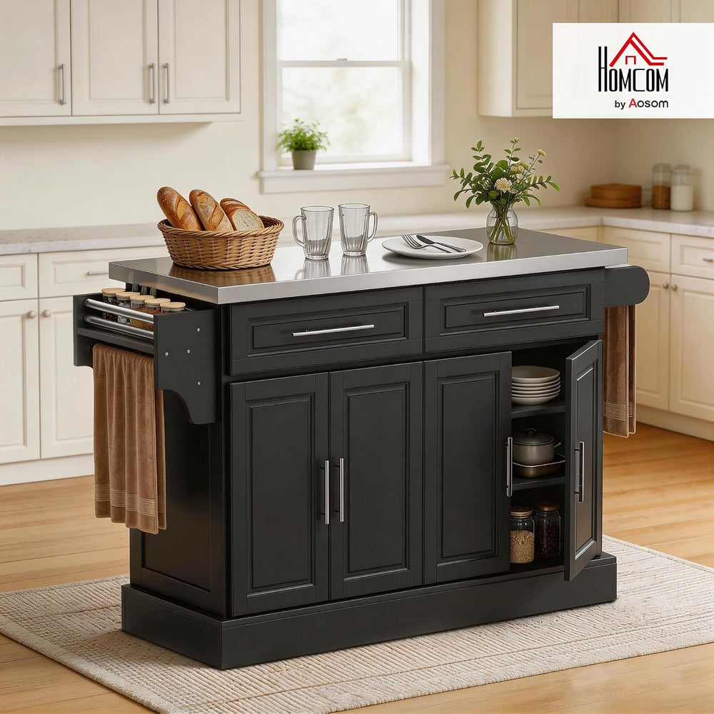 HOMCOM Rolling Kitchen Island Cart with 47" Stainless Steel Top Black