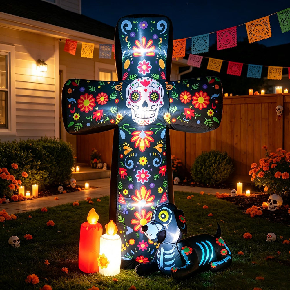 DomKom 6 FT Halloween Inflatable Outdoor Decorations, Day of the Dead Cross B...