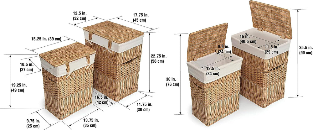 Badger Basket Wicker Two Hamper Set with Liner – Removable Liner, Nesting Ham...