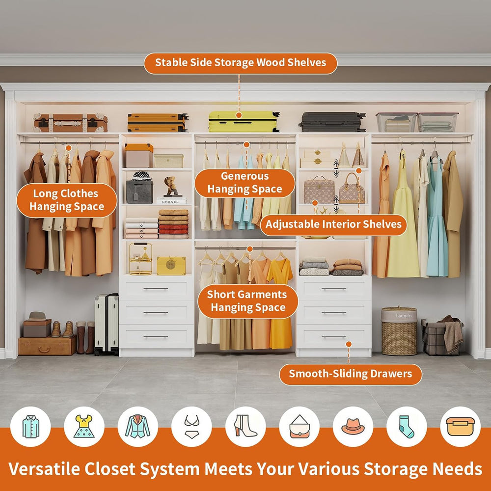 Closet System with 6 Drawers, 6-12.3FT Closet Organizer System Wood with 8 Sh...