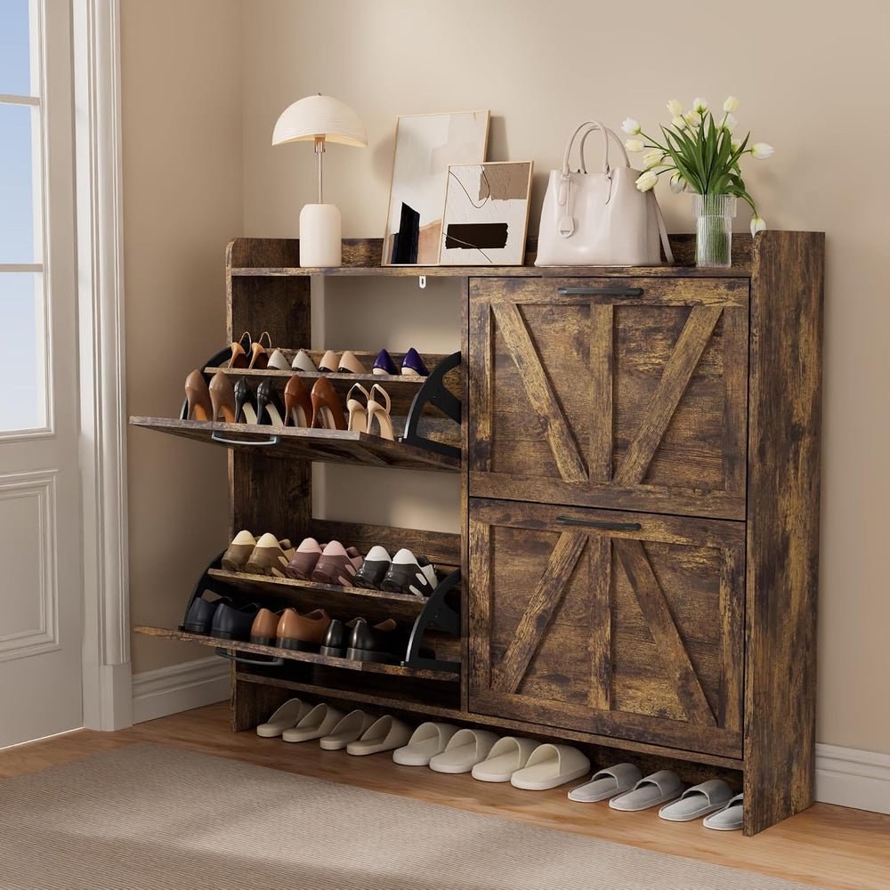 Shoe Storage Cabinet with 4 Flip Drawers, Freestanding Hidden Shoe Cabinet wi...