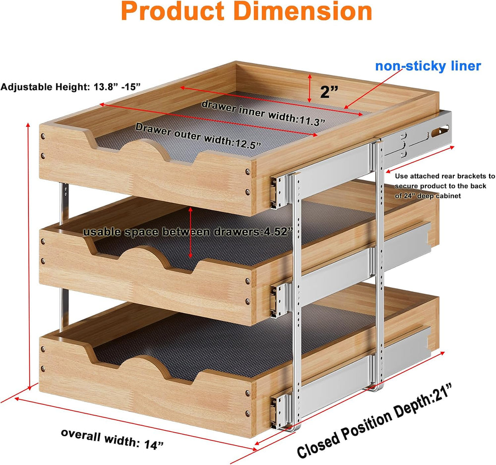 DINDON 3 Tier Pull Out Cabinet Organizer 14”W X21”D Slide Out Shelves With Sh...