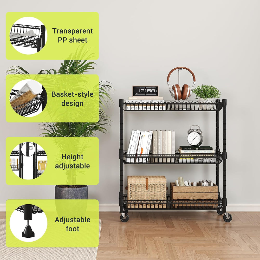 3-Tier Rolling Storage Shelves with Wire Baskets,30 x 13.5 x 30in