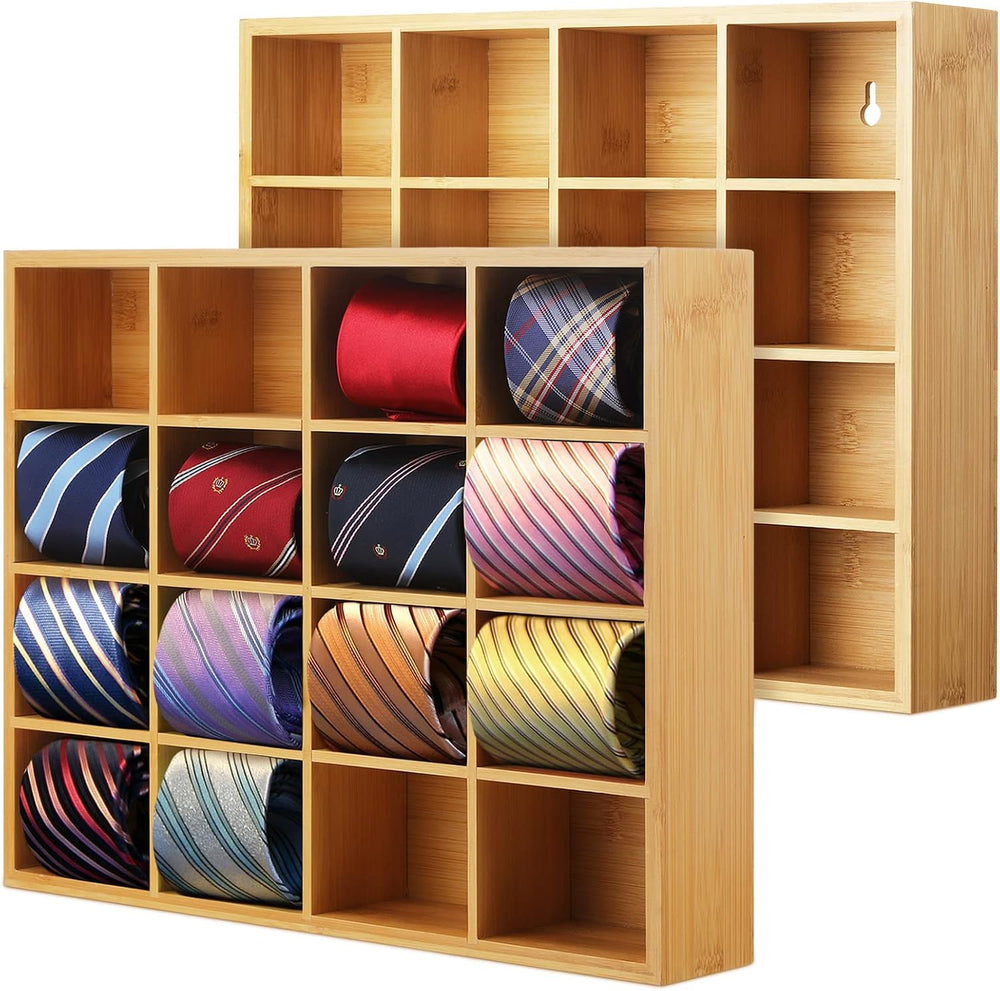 Wesiti 2 Pcs Tie Box Organizer for Men, Wall Mounted Tie Rack, Wood Color