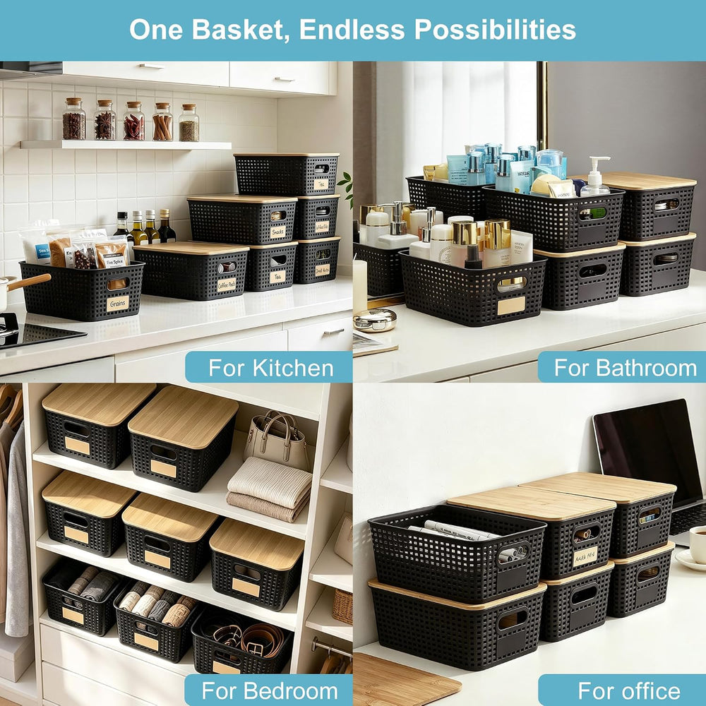 Small Plastic Storage Bins with Bamboo Lids 5.2qt Stackable Box Basket Pantry...