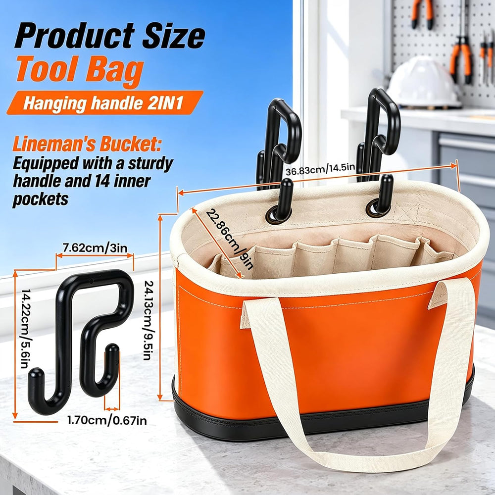 Oval Bucket Tool Organizer with 2 Hooks, 14 Pockets, Lineman